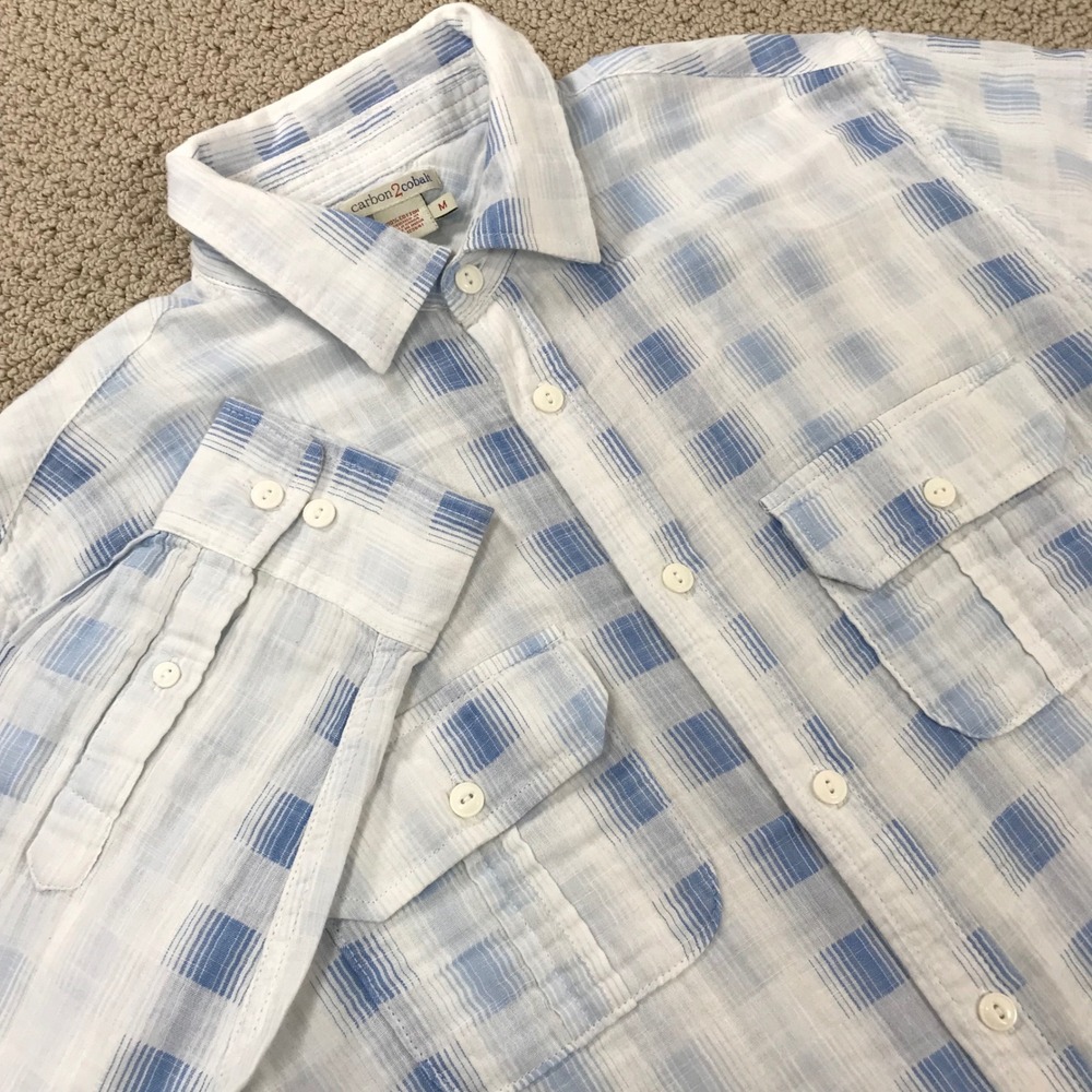 Carbon2Cobalt Mens Medium Blue White Plaid Gauze Cotton Button Down Shirt‎ M